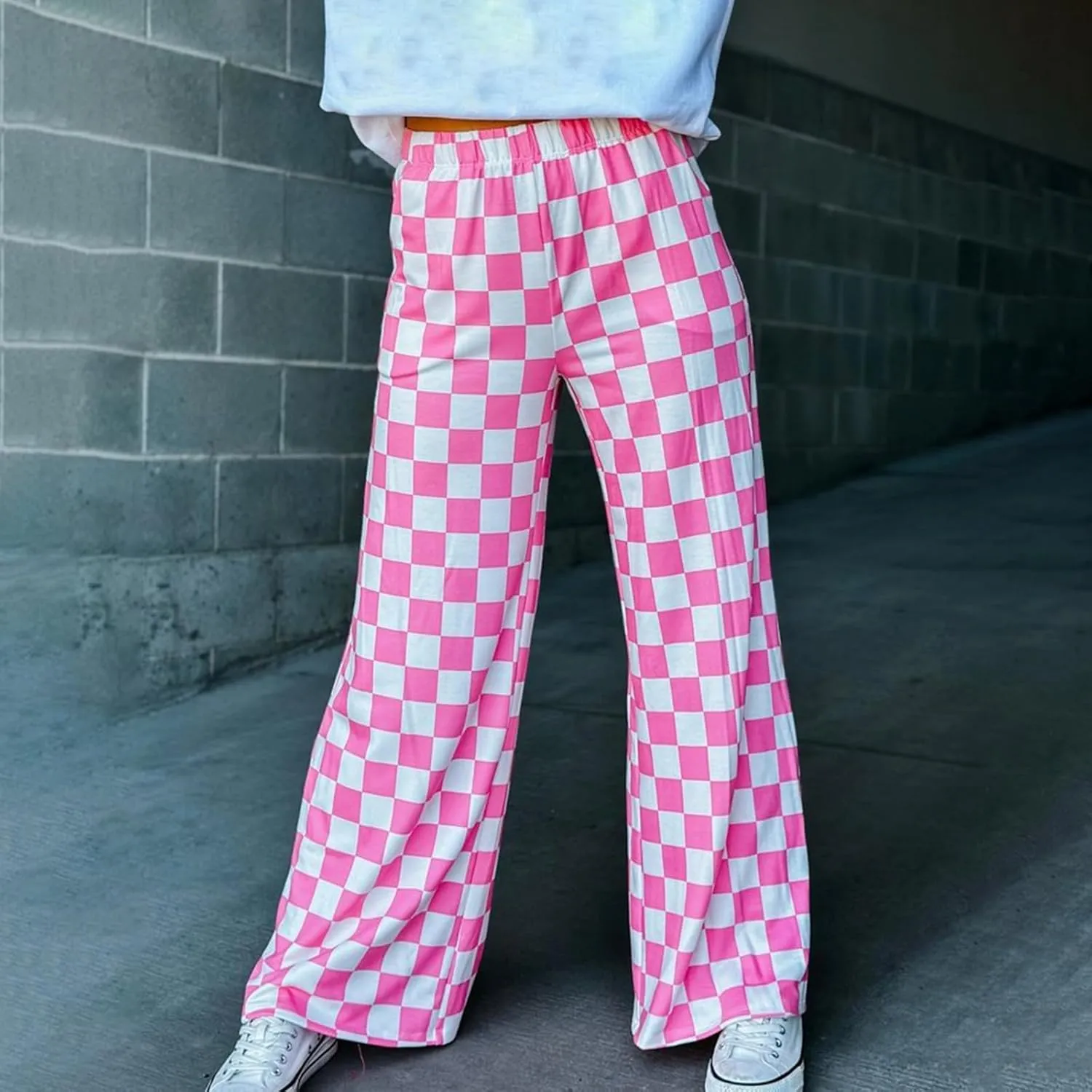 FOMOYUU Womens Gingham Wide Leg Pants Trendy Elastic High Waist Loose Checkerboard Trousers Casual Bottoms Loungewear