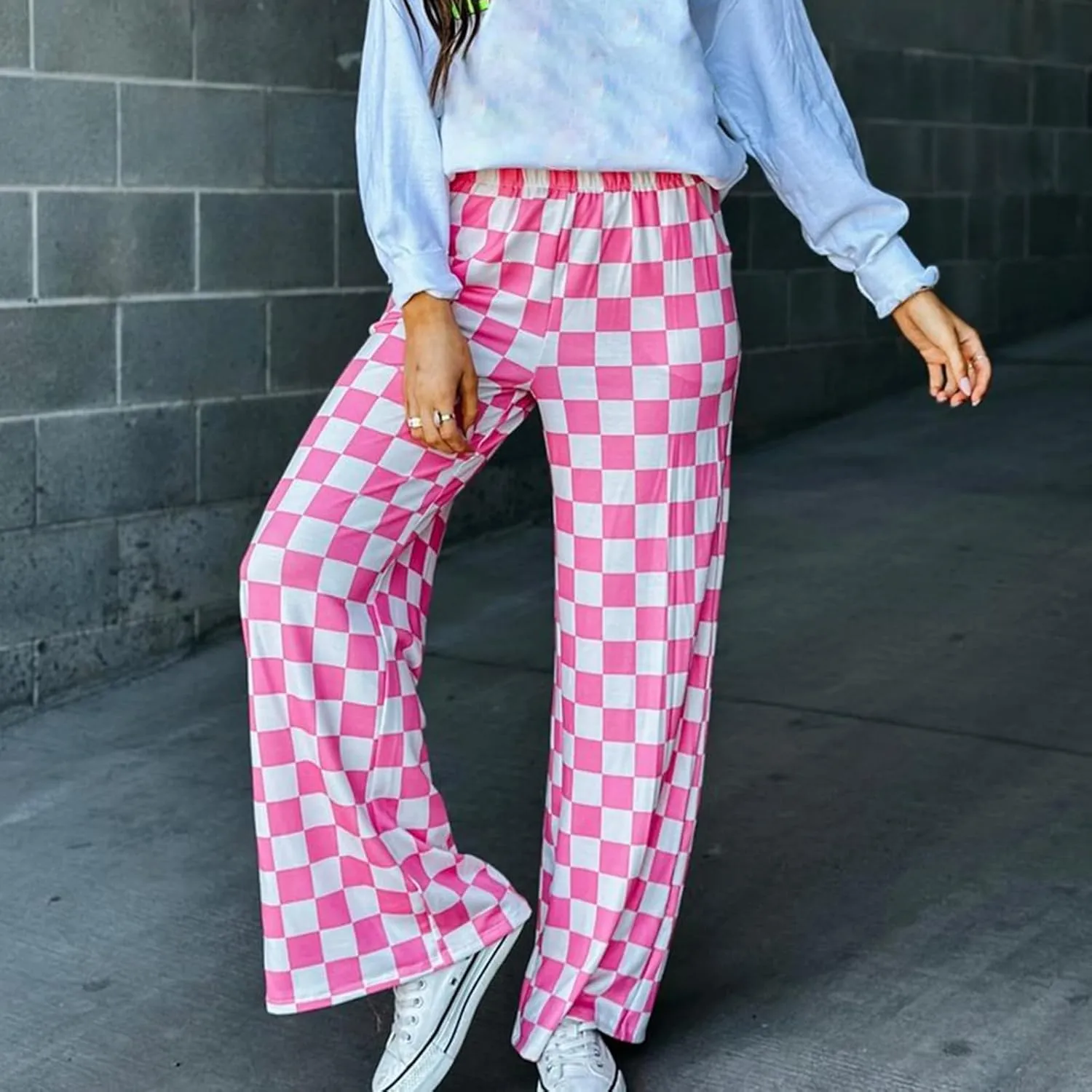 FOMOYUU Womens Gingham Wide Leg Pants Trendy Elastic High Waist Loose Checkerboard Trousers Casual Bottoms Loungewear