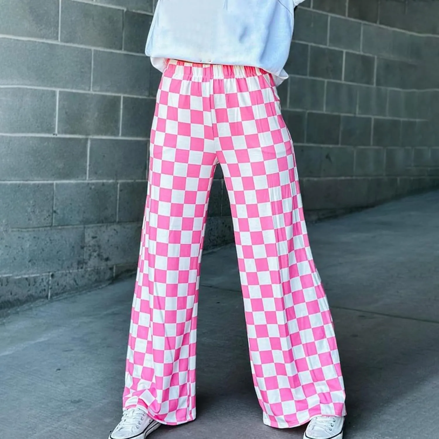 FOMOYUU Womens Gingham Wide Leg Pants Trendy Elastic High Waist Loose Checkerboard Trousers Casual Bottoms Loungewear