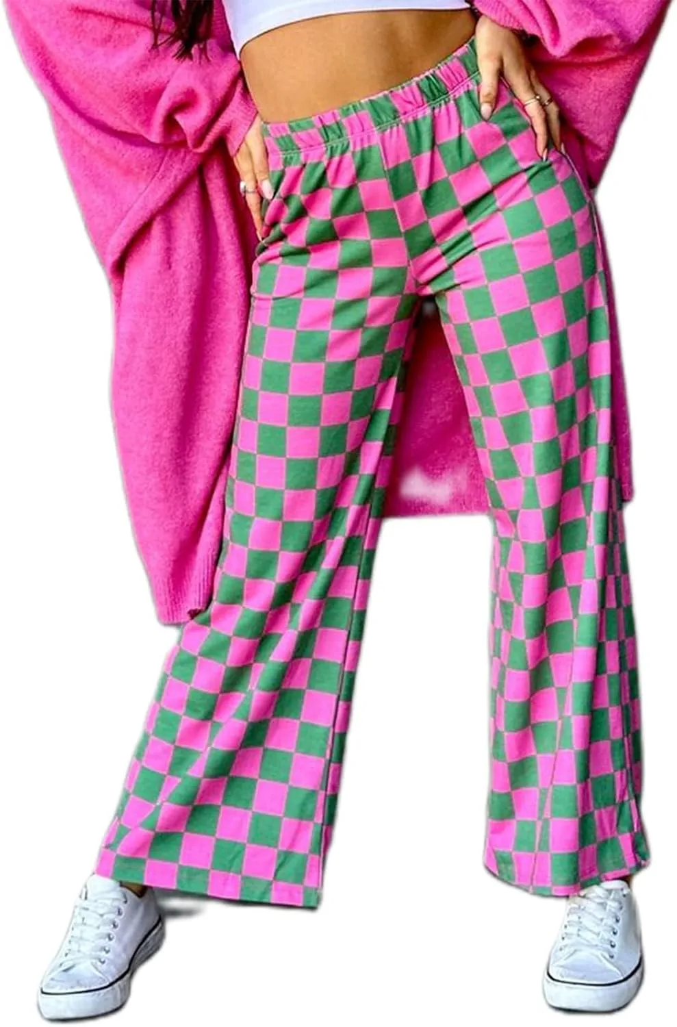 FOMOYUU Womens Gingham Wide Leg Pants Trendy Elastic High Waist Loose Checkerboard Trousers Casual Bottoms Loungewear