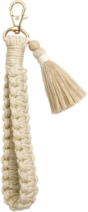 Fuqimanman2020 Handmade Soft Boho Macrame Wristlet Keychain Bracelet for Women with Tassel Lava Rock Lanyard Weave Holder