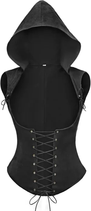 FURPHI Womens Steampunk Underbust Corset Vest with Hood Faux Leather Sleeveless Medieval Gothic Costume