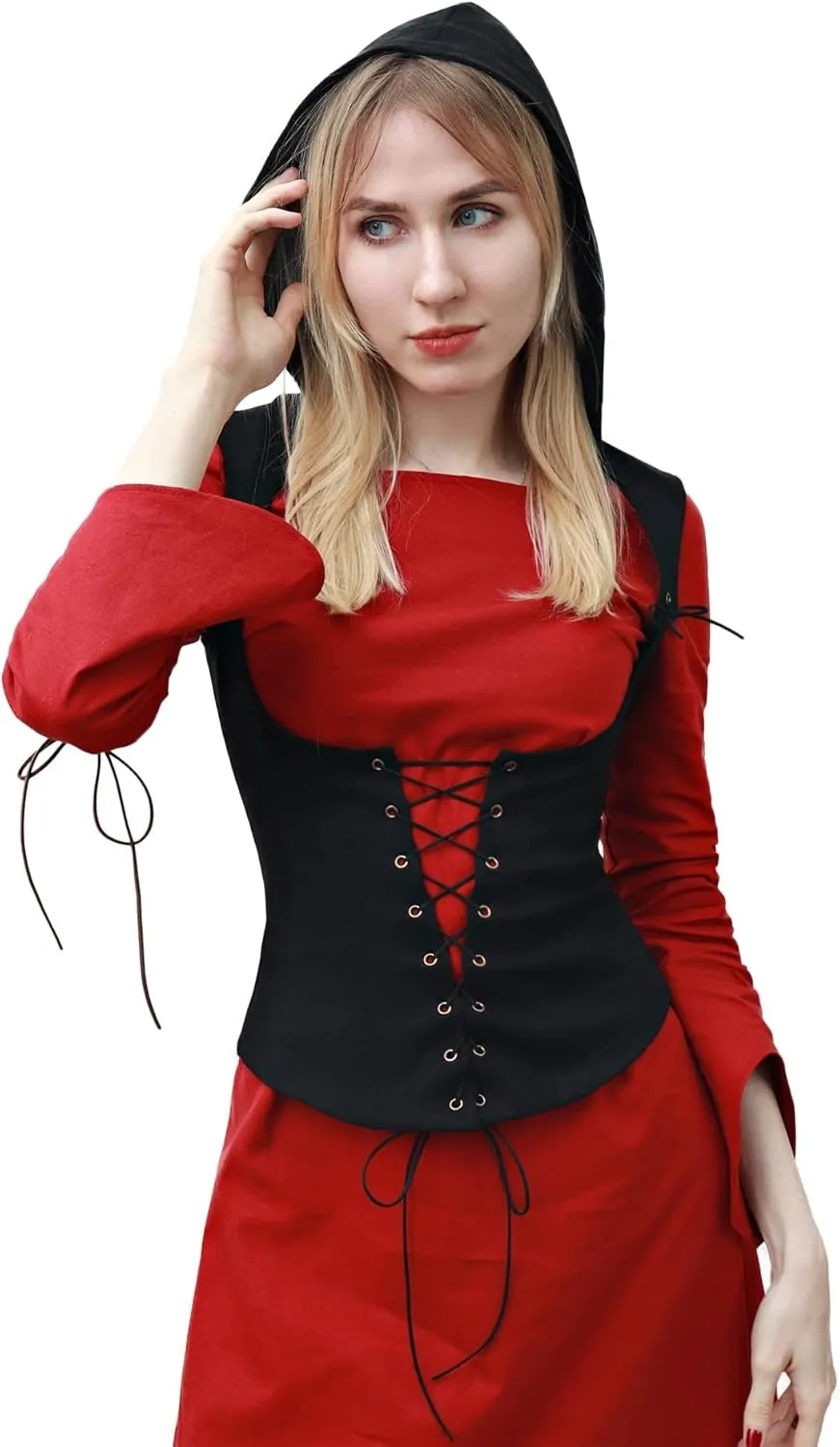 FURPHI Womens Steampunk Underbust Corset Vest with Hood Faux Leather Sleeveless Medieval Gothic Costume