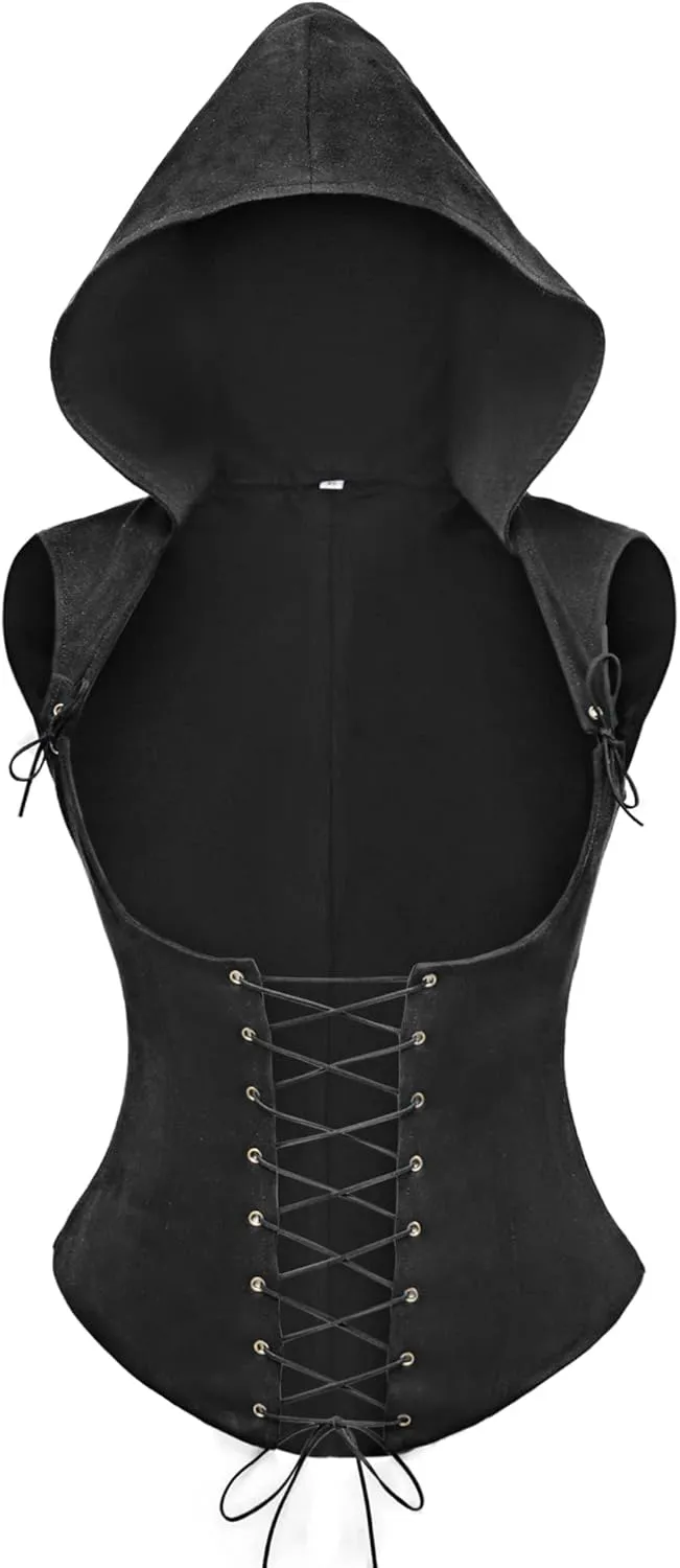 FURPHI Womens Steampunk Underbust Corset Vest with Hood Faux Leather Sleeveless Medieval Gothic Costume