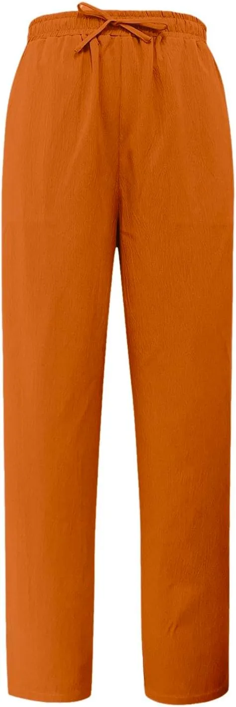 FZVYD Linen Pants for Women 2025 Summer High Waist Elastic Straight Leg Lounge Pant Casual Loose Lightweight Beach Trousers