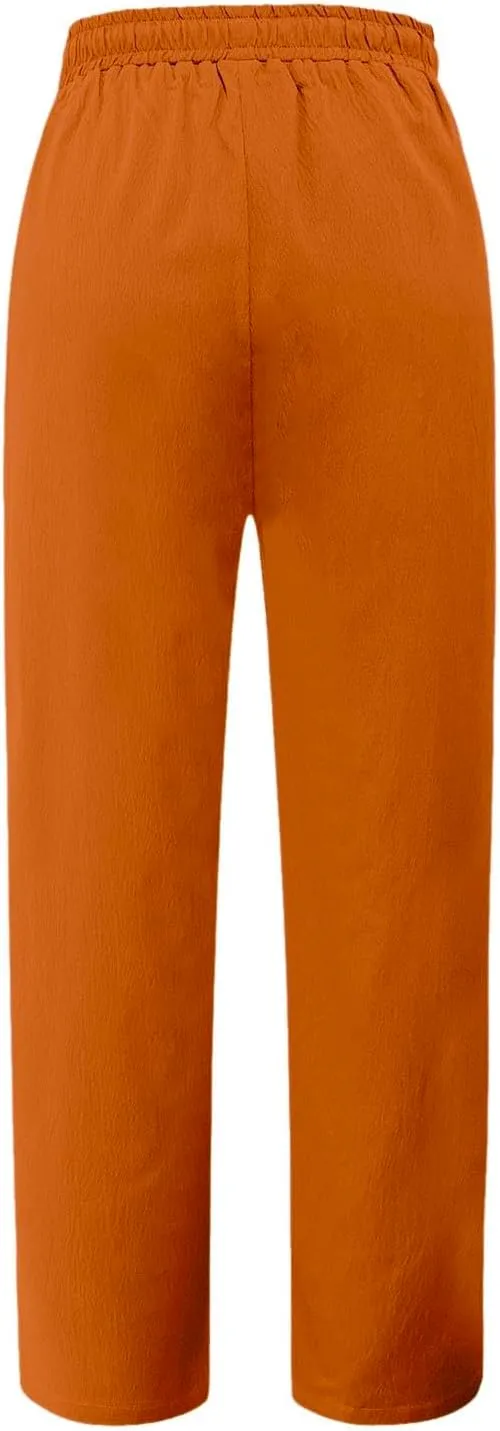 FZVYD Linen Pants for Women 2025 Summer High Waist Elastic Straight Leg Lounge Pant Casual Loose Lightweight Beach Trousers