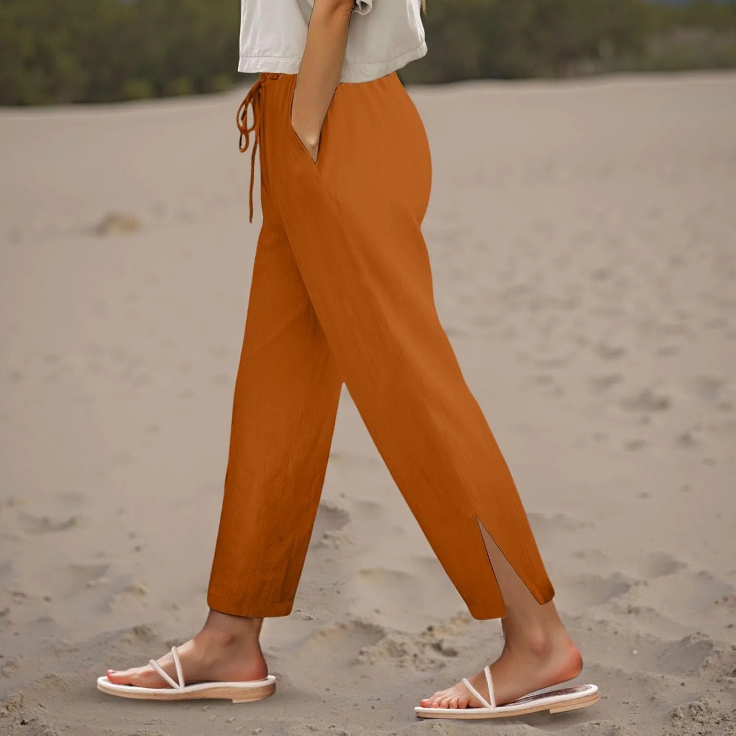 FZVYD Linen Pants for Women 2025 Summer High Waist Elastic Straight Leg Lounge Pant Casual Loose Lightweight Beach Trousers