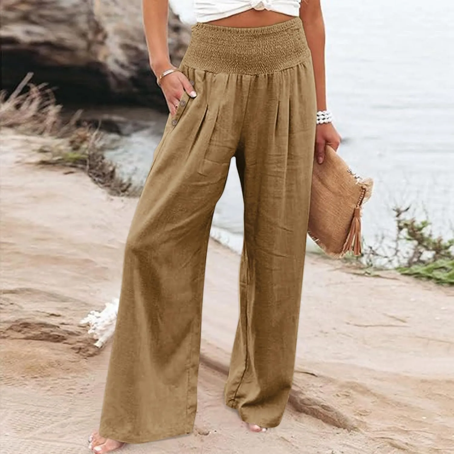 FZVYD Tummy Control Women High Waist Lounge Pants Casual Wide Leg Boho Trouser 2025 Summer Drawstring Sweatpants with Pocket