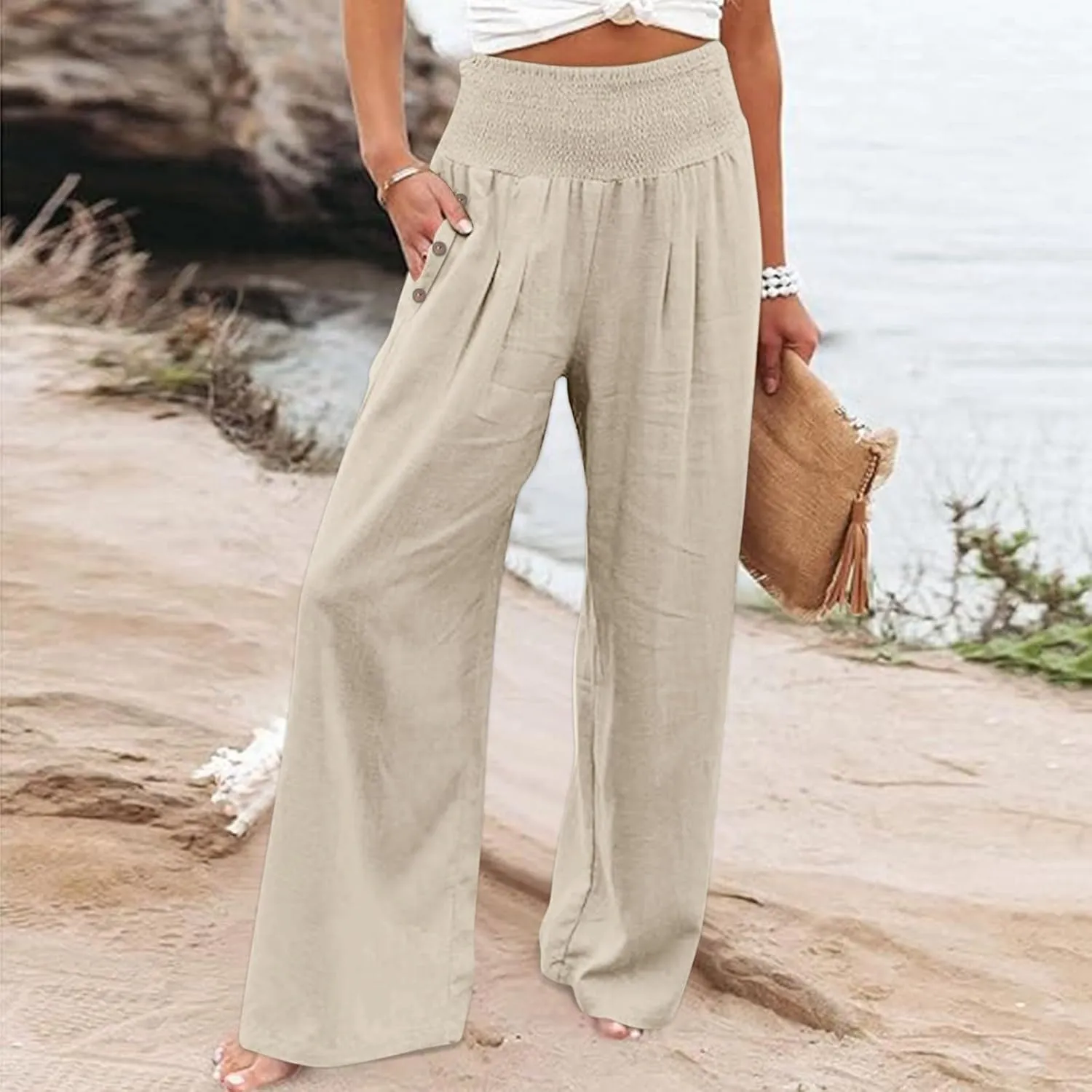 FZVYD Tummy Control Women High Waist Lounge Pants Casual Wide Leg Boho Trouser 2025 Summer Drawstring Sweatpants with Pocket