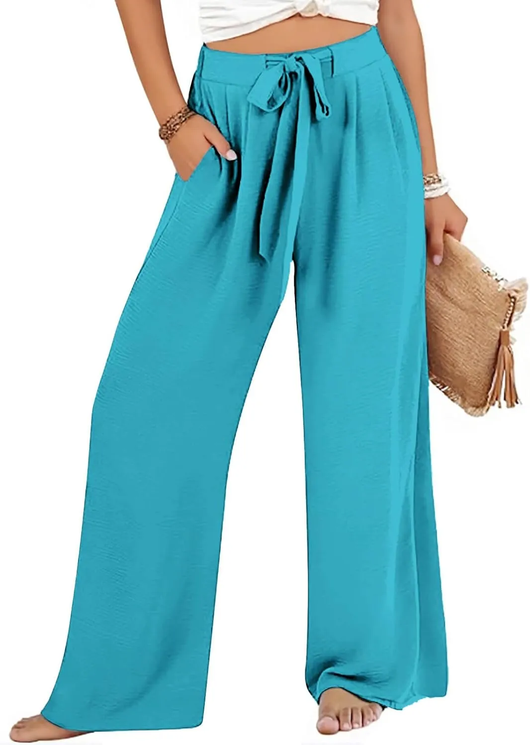 FZVYD Wide Leg Pants for Woman Linen Palazzo High Waisted Drawstring 2025 Summer Casual Business Beach Vacation Pant Trousers