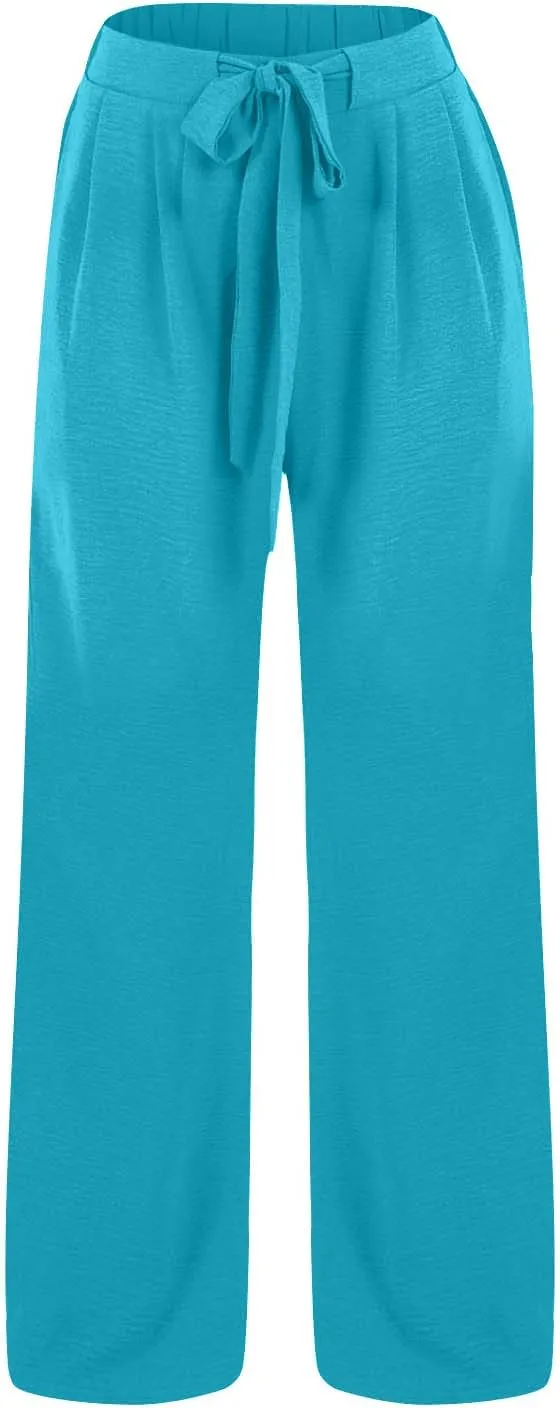 FZVYD Wide Leg Pants for Woman Linen Palazzo High Waisted Drawstring 2025 Summer Casual Business Beach Vacation Pant Trousers