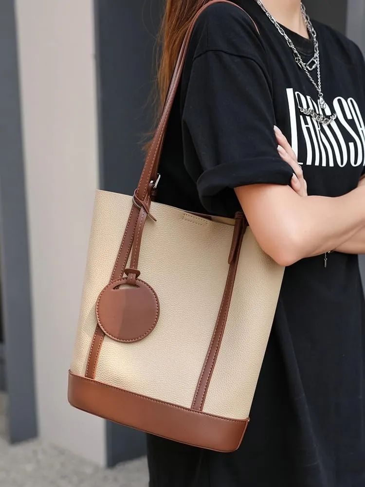 Genuine Leather Shoulder Bags for Women Trendy Large Tote Satchel Bucket Handbags Ladies Top Handle Satchel 2pcs