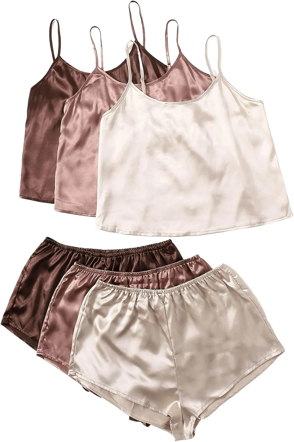 GORGLITTER Women's 3 Sets Silk Pajama Set Sleeveless V Neck Crop Cami Top and Shorts Satin Pjs Sleepwear Sets