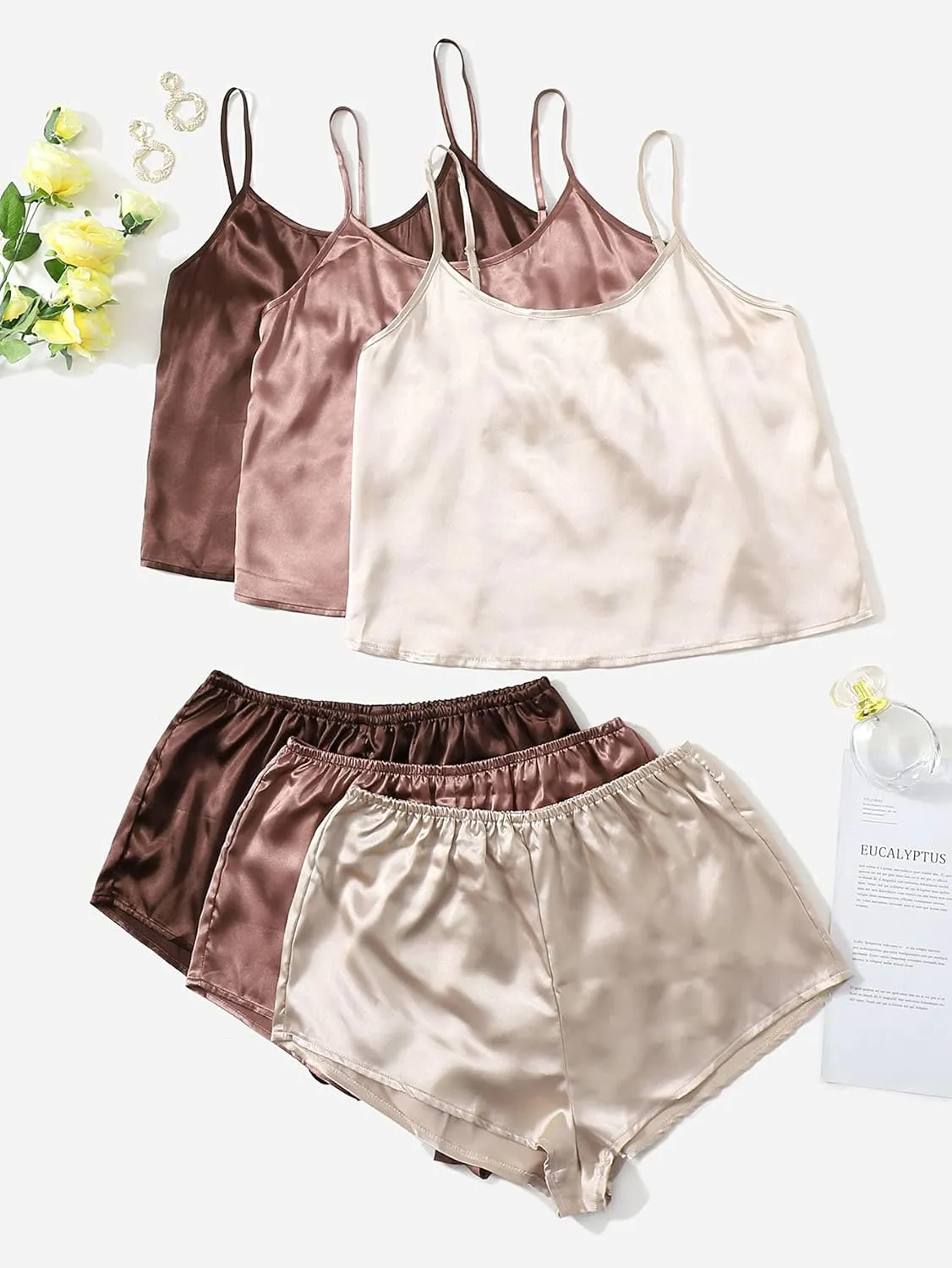 GORGLITTER Women's 3 Sets Silk Pajama Set Sleeveless V Neck Crop Cami Top and Shorts Satin Pjs Sleepwear Sets