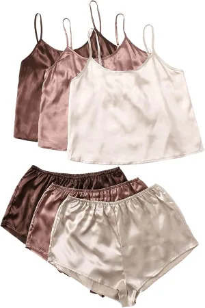 GORGLITTER Women's 3 Sets Silk Pajama Set Sleeveless V Neck Crop Cami Top and Shorts Satin Pjs Sleepwear Sets