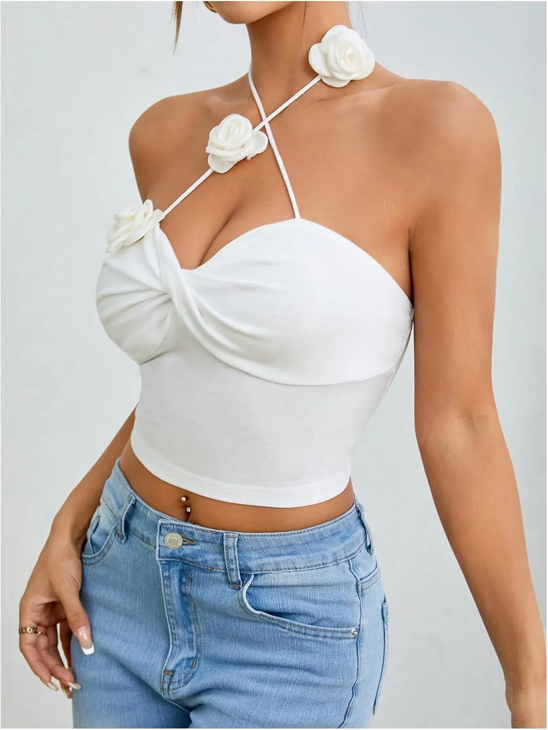 GORGLITTER Women's 3D Flower Camisole Tops Floral Halter Backless Sleeveless Going Out Top