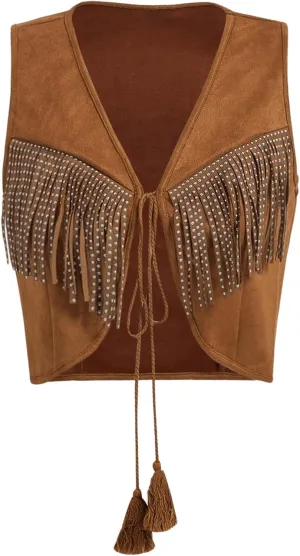 GORGLITTER Women's Fringe Tie Front Vest Tops Sleeveless Faux Suede 70S Hippie Jacket