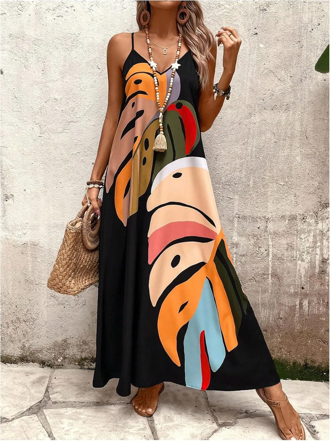 GORGLITTER Women's Sleeveless V Neck Oversized Maxi Long Dress Boho Bump Friendly Graphic Casual Beach Flowy Sun Dress