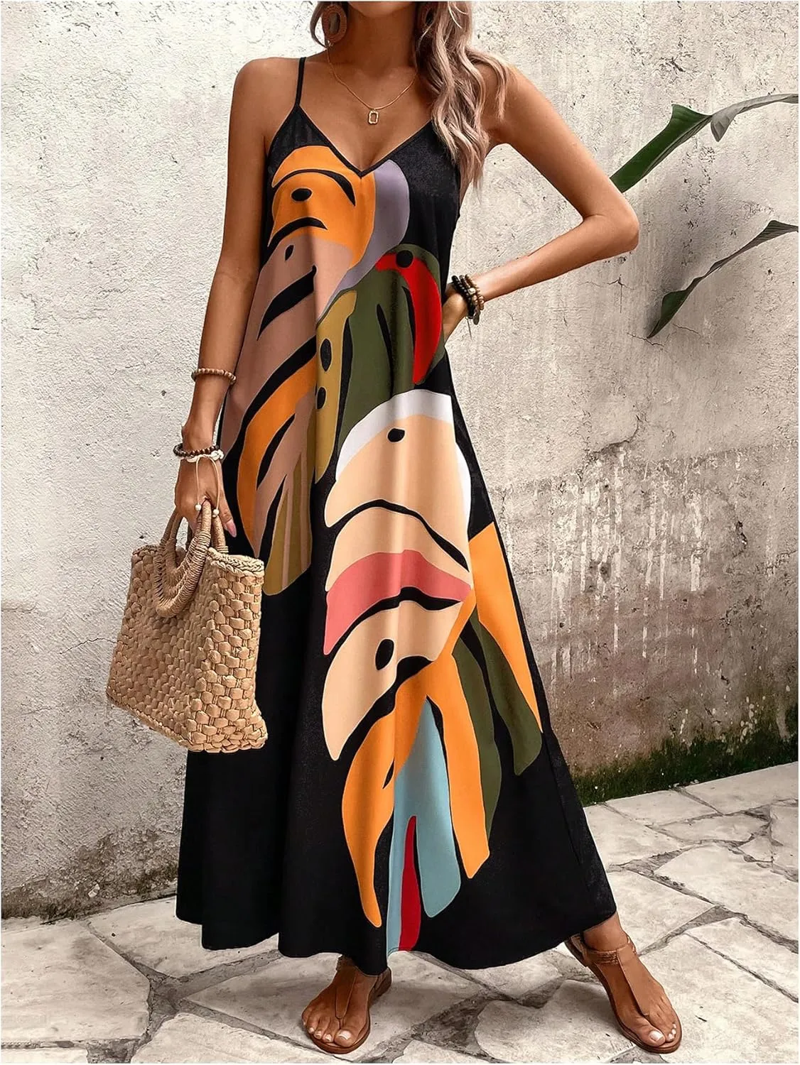 GORGLITTER Women's Sleeveless V Neck Oversized Maxi Long Dress Boho Bump Friendly Graphic Casual Beach Flowy Sun Dress