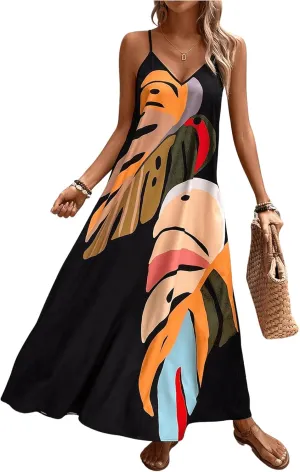 GORGLITTER Women's Sleeveless V Neck Oversized Maxi Long Dress Boho Bump Friendly Graphic Casual Beach Flowy Sun Dress