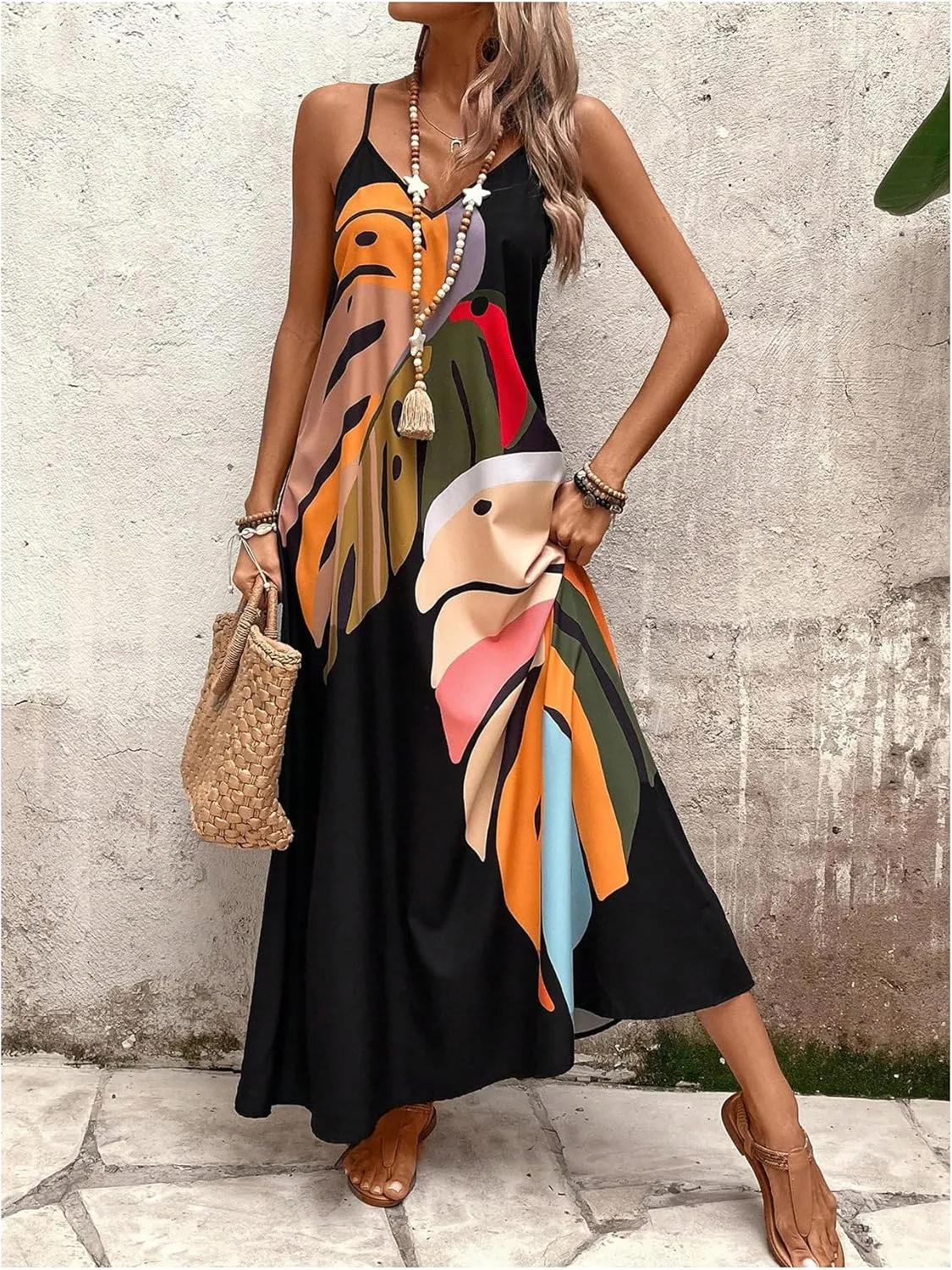 GORGLITTER Women's Sleeveless V Neck Oversized Maxi Long Dress Boho Bump Friendly Graphic Casual Beach Flowy Sun Dress