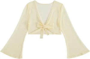 GORGLITTER Women's Tie Front Tops Bell Long Sleeve Crochet Knit Crop Cardigan Western Outfits