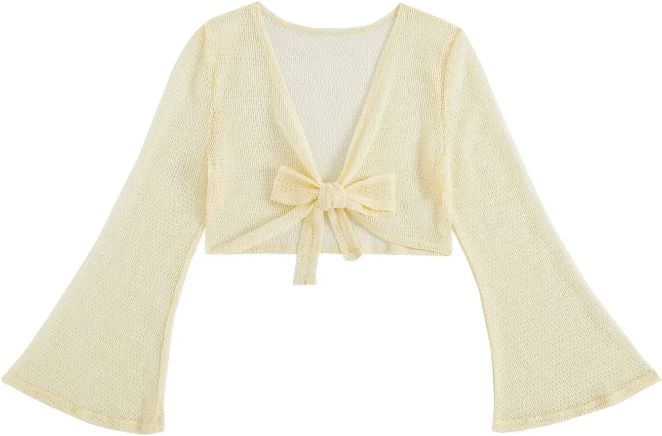 GORGLITTER Women's Tie Front Tops Bell Long Sleeve Crochet Knit Crop Cardigan Western Outfits