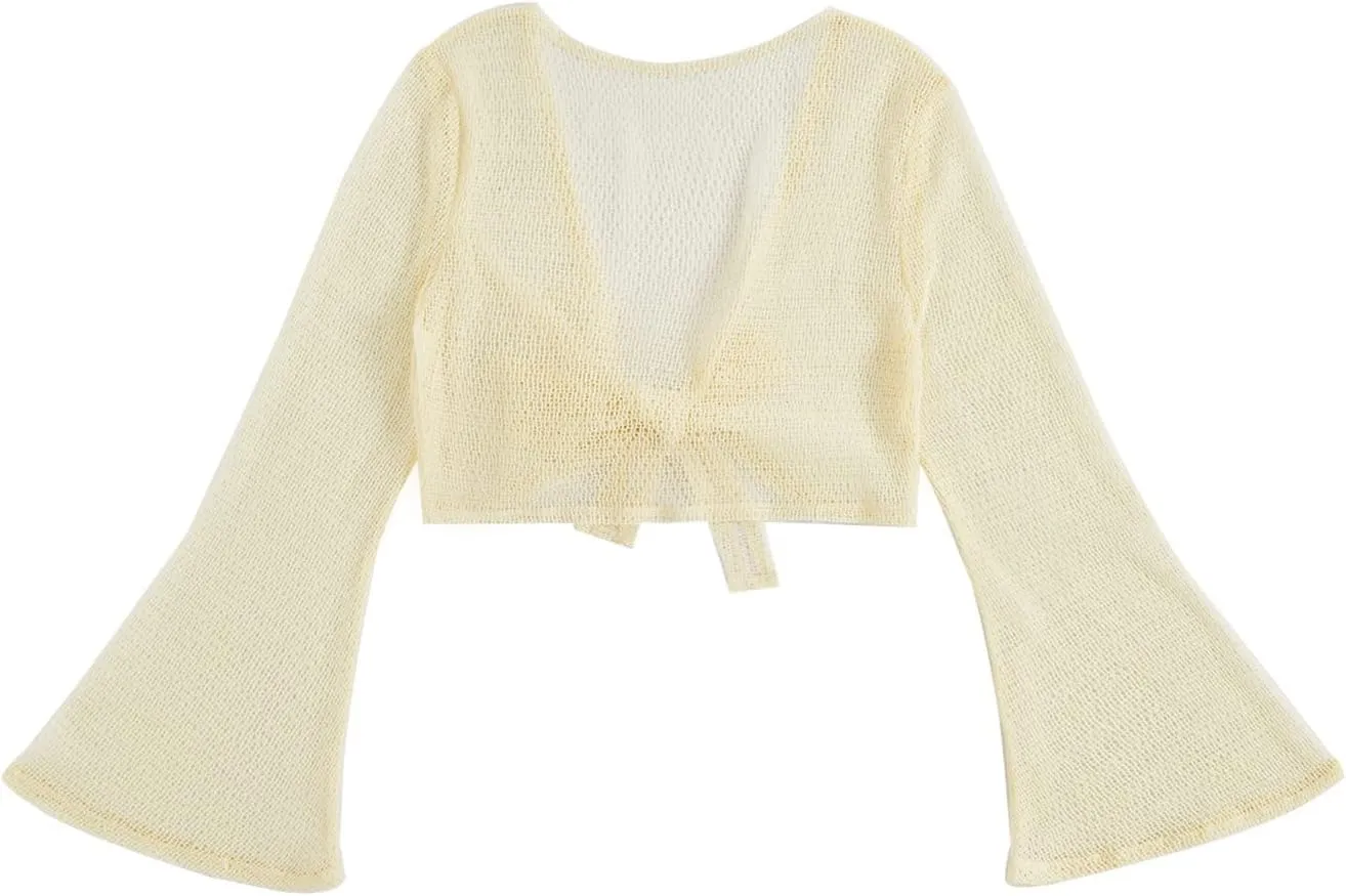GORGLITTER Women's Tie Front Tops Bell Long Sleeve Crochet Knit Crop Cardigan Western Outfits