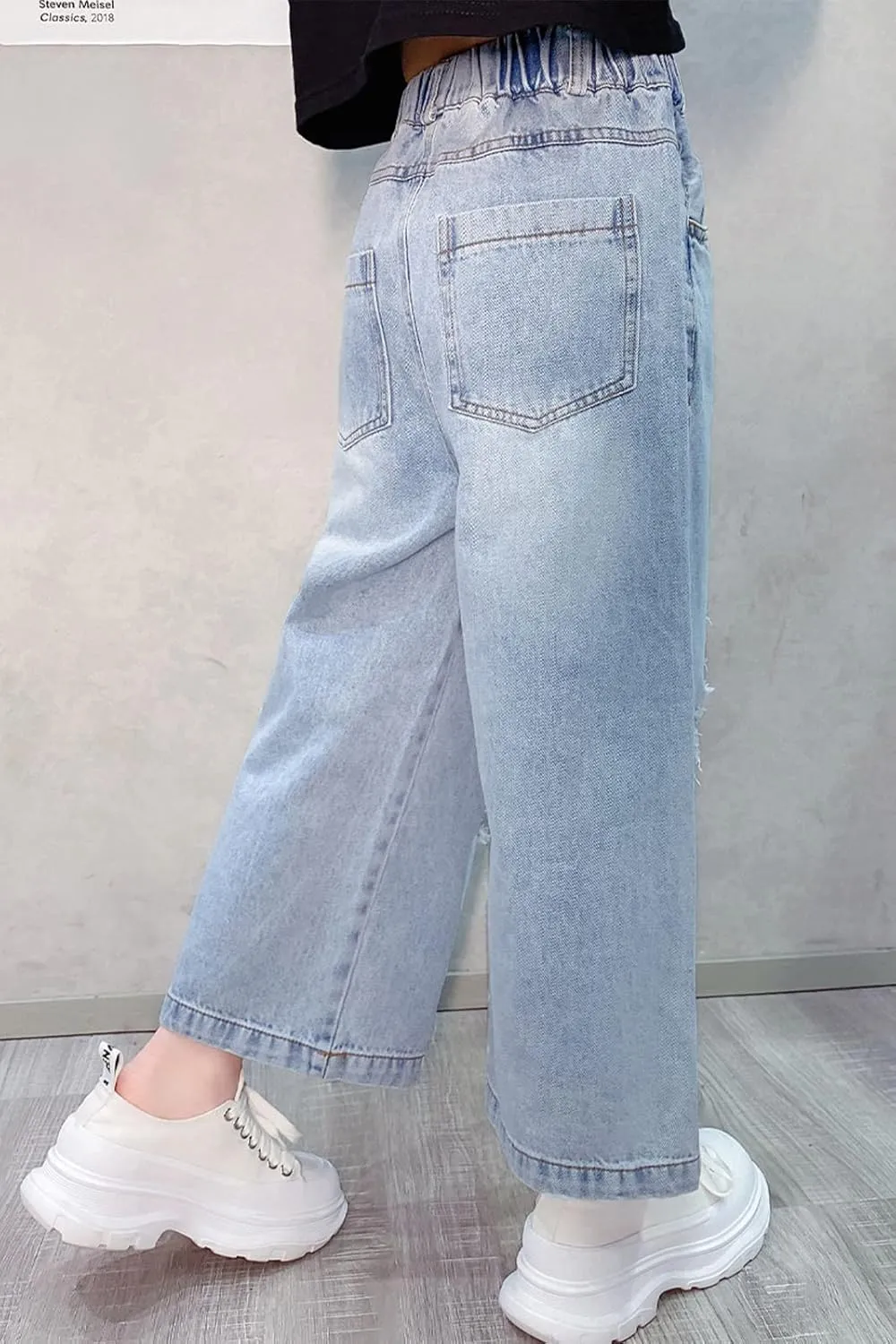 Happy Cherry Girls Jeans Straight Wide Leg Flare Denim Pants for All Seasons 5-15 Y