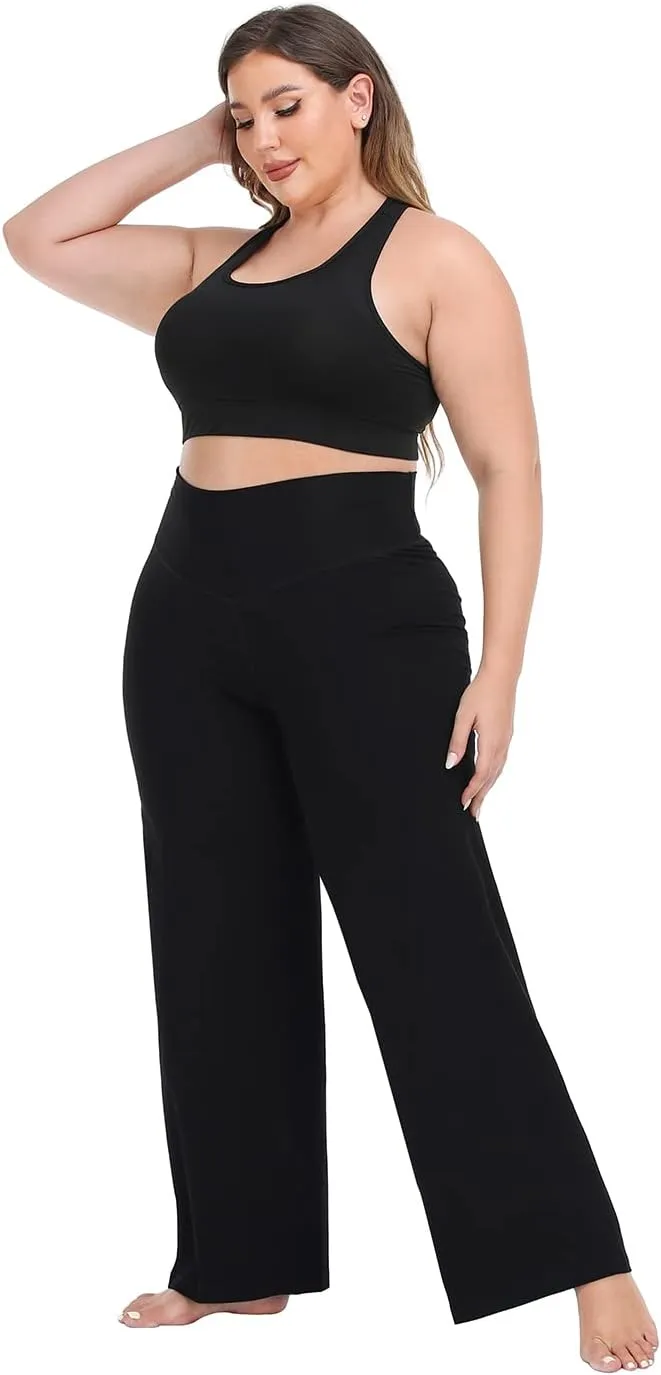 HDE Plus Size Wide Leg Cotton Yoga Pants for Women High Waist Workout Leggings