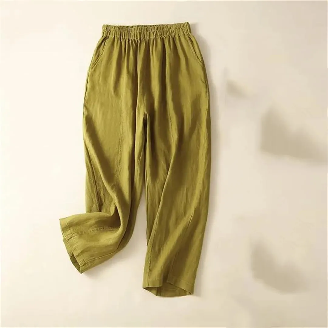 Hdhdeueh Women's Cotton and Linen Harem Pants Stretch High Waist Solid Color Palazzo Trousers