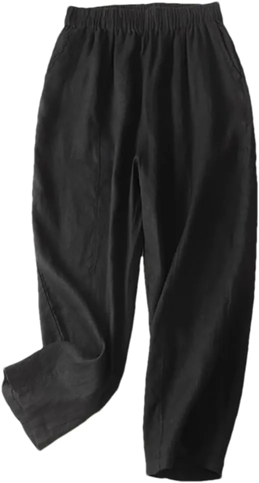 Hdhdeueh Women's Cotton and Linen Harem Pants Stretch High Waist Solid Color Palazzo Trousers