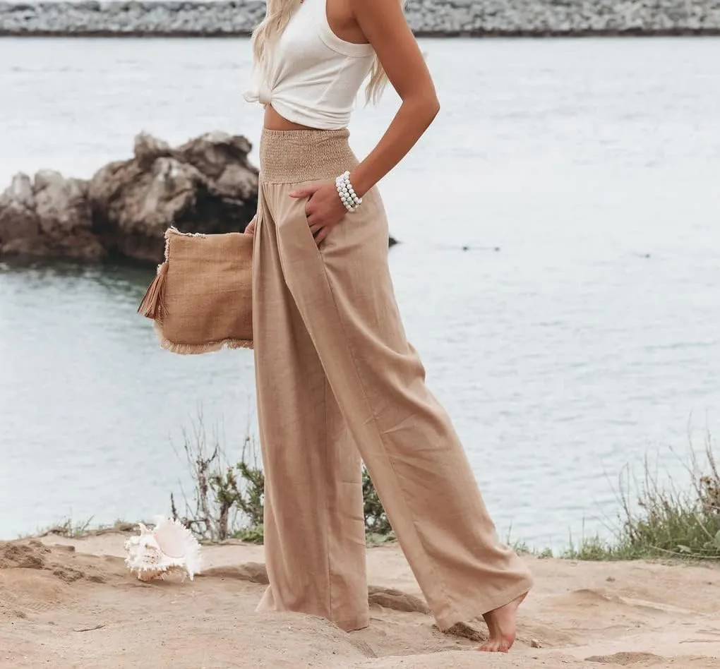 HEZIOWYUN Linen Pants for Women Wide Leg Elastic High Waisted Palazzo Pants Lounge Yoga Trousers with Pockets