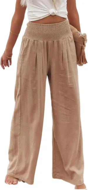 HEZIOWYUN Linen Pants for Women Wide Leg Elastic High Waisted Palazzo Pants Lounge Yoga Trousers with Pockets