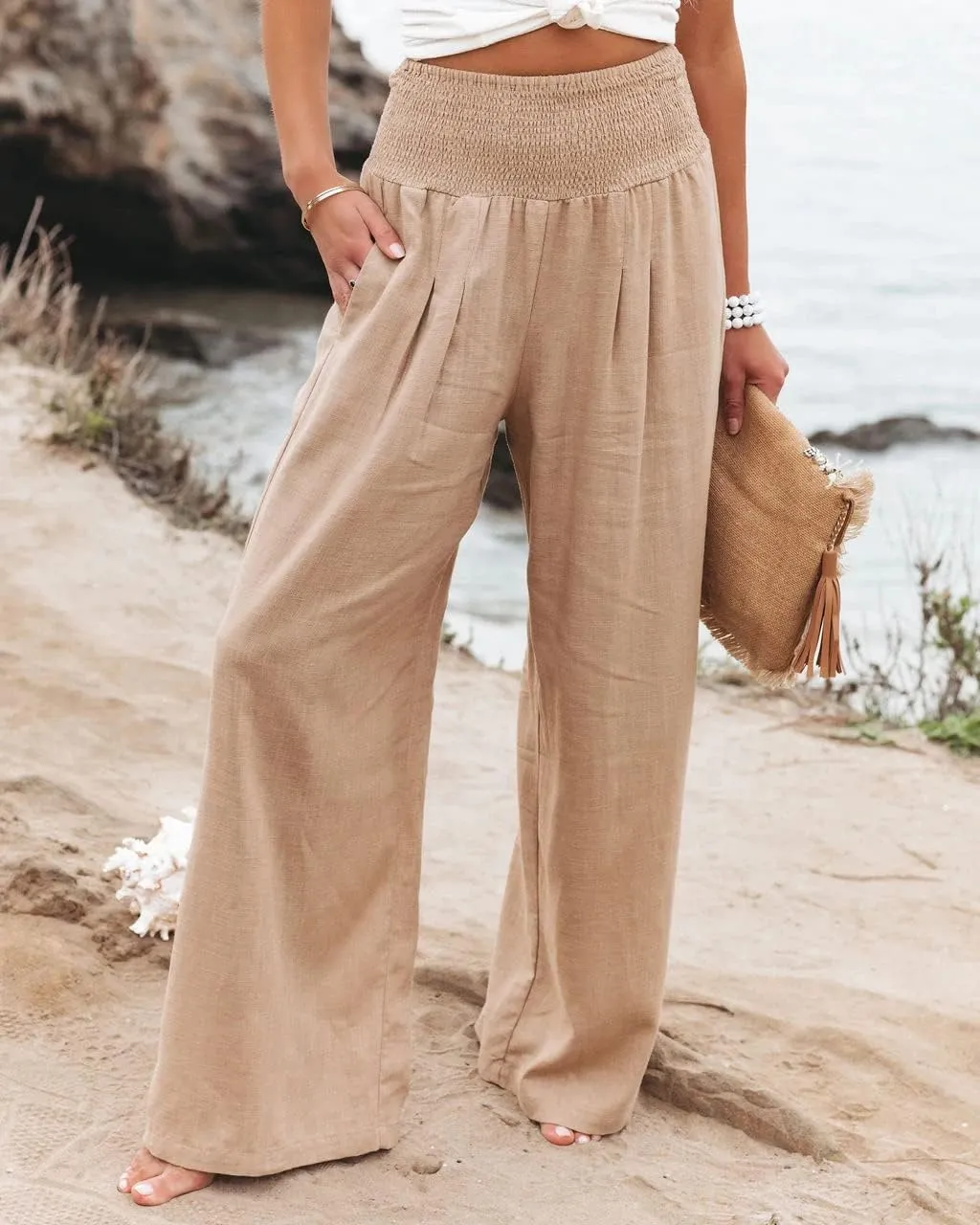 HEZIOWYUN Linen Pants for Women Wide Leg Elastic High Waisted Palazzo Pants Lounge Yoga Trousers with Pockets