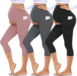 Hi Clasmix 3 Pack Maternity Capri Leggings with Pockets-Buttery Soft Workout Pregnancy Yoga Pants
