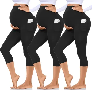 Hi Clasmix 3 Pack Maternity Capri Leggings with Pockets-Buttery Soft Workout Pregnancy Yoga Pants