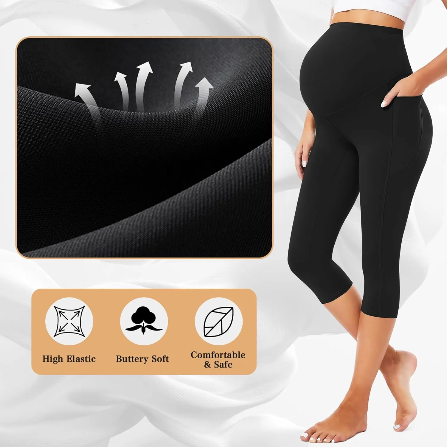 Hi Clasmix 3 Pack Maternity Capri Leggings with Pockets-Buttery Soft Workout Pregnancy Yoga Pants