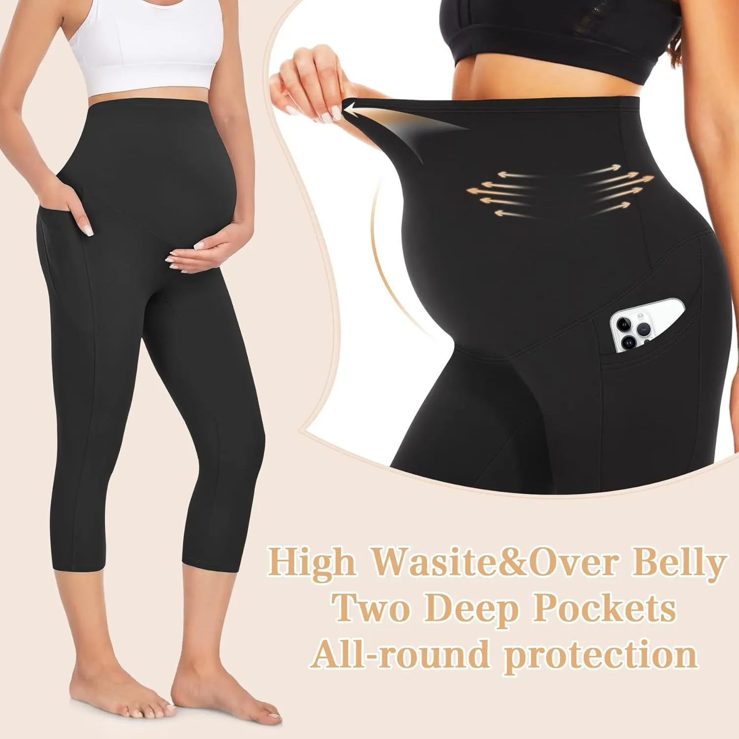 Hi Clasmix 3 Pack Maternity Capri Leggings with Pockets-Buttery Soft Workout Pregnancy Yoga Pants