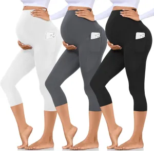 Hi Clasmix 3 Pack Maternity Capri Leggings with Pockets-Buttery Soft Workout Pregnancy Yoga Pants