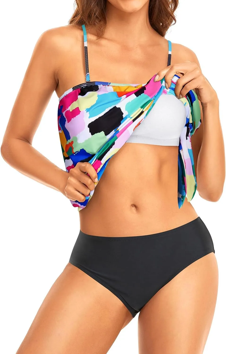 Holipick Two Piece Bathing Suit Strapless Tankini Swimsuits for Women Bandeau Swimsuits Blouson Tankini Tops with Bottom