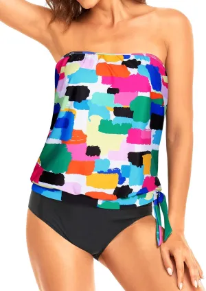 Holipick Two Piece Bathing Suit Strapless Tankini Swimsuits for Women Bandeau Swimsuits Blouson Tankini Tops with Bottom