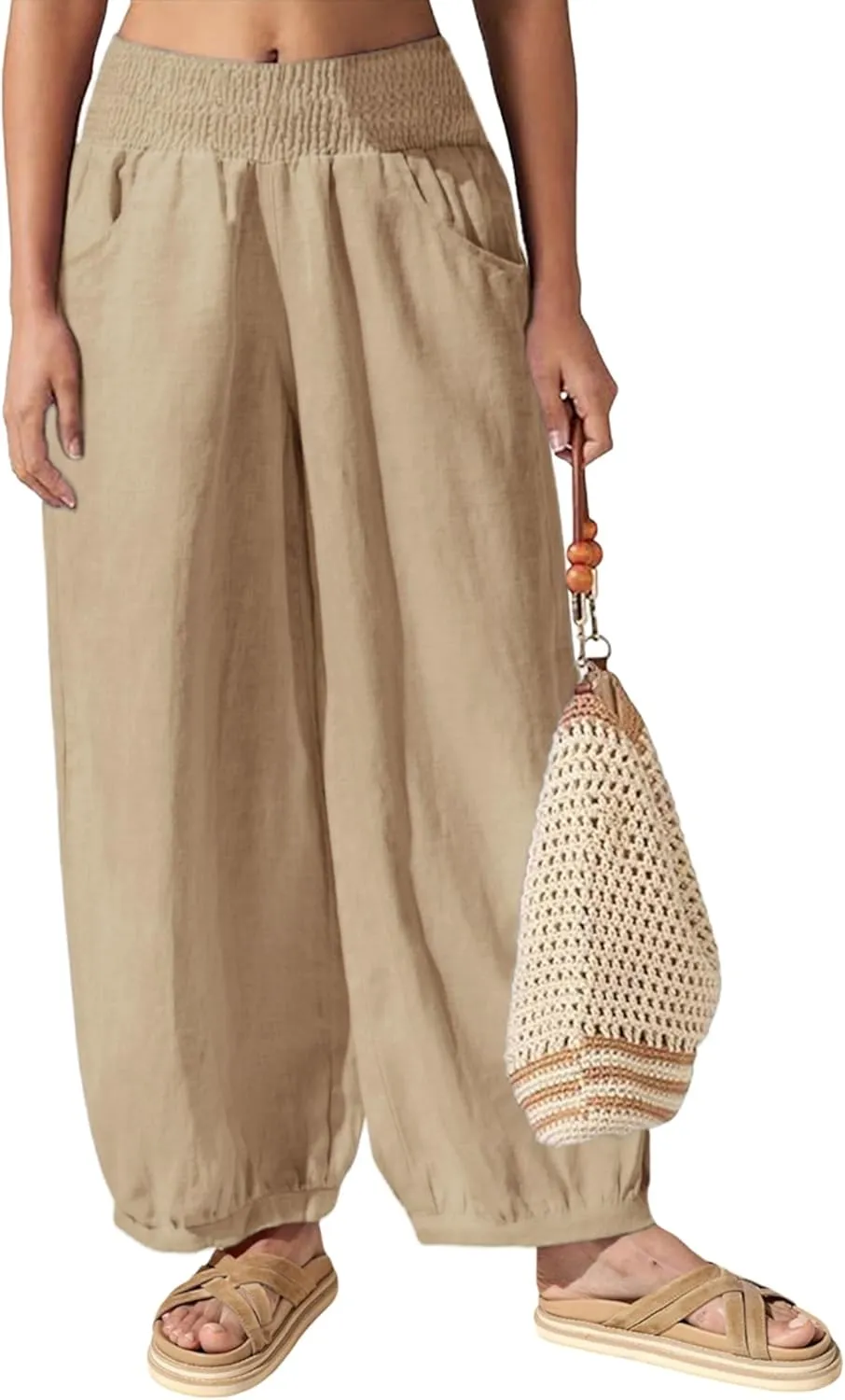 Hooever Women's Cotton Linen Pants Summer High Waisted Wide Leg Palazzo Pant Flowy Beach Trousers