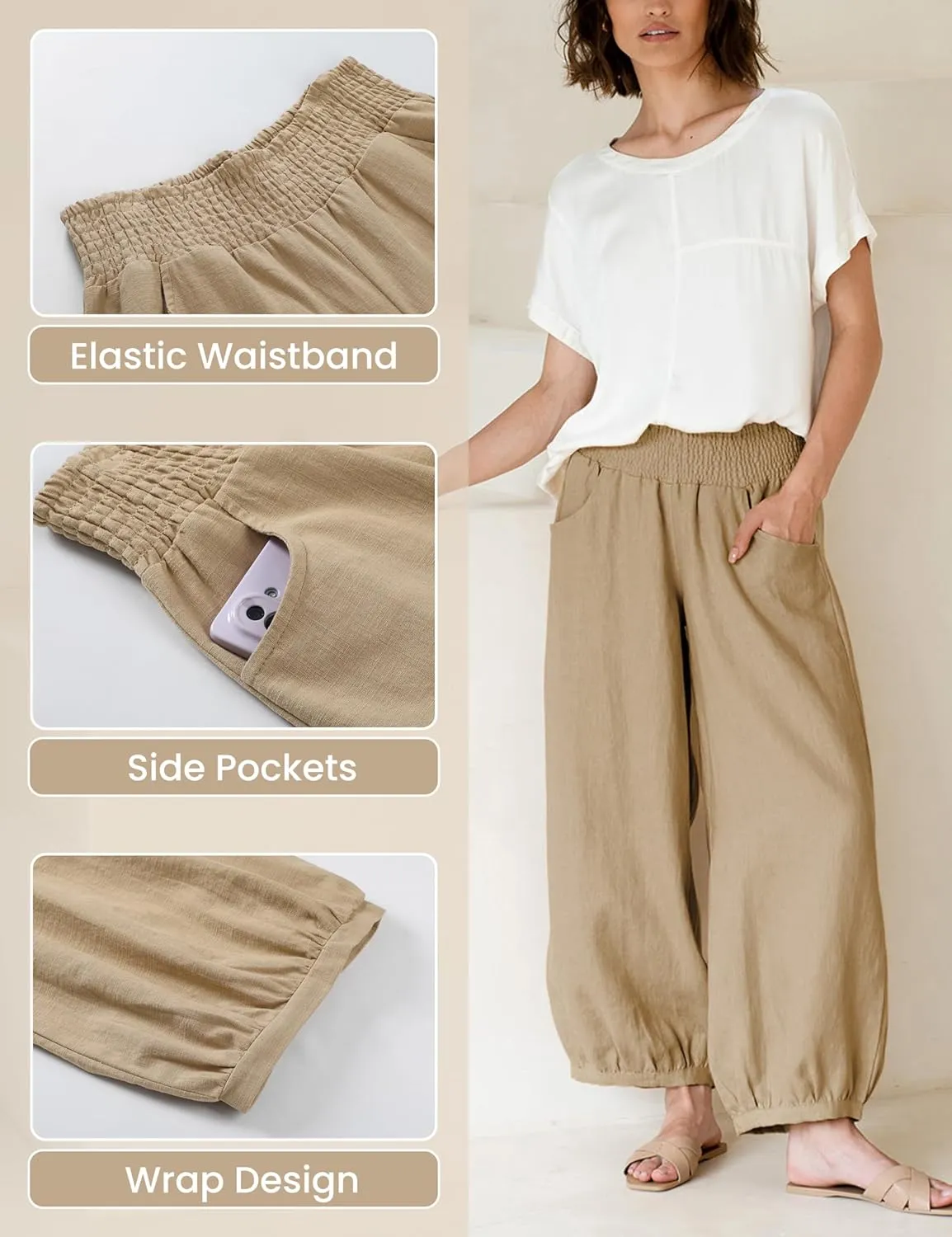 Hooever Women's Cotton Linen Pants Summer High Waisted Wide Leg Palazzo Pant Flowy Beach Trousers