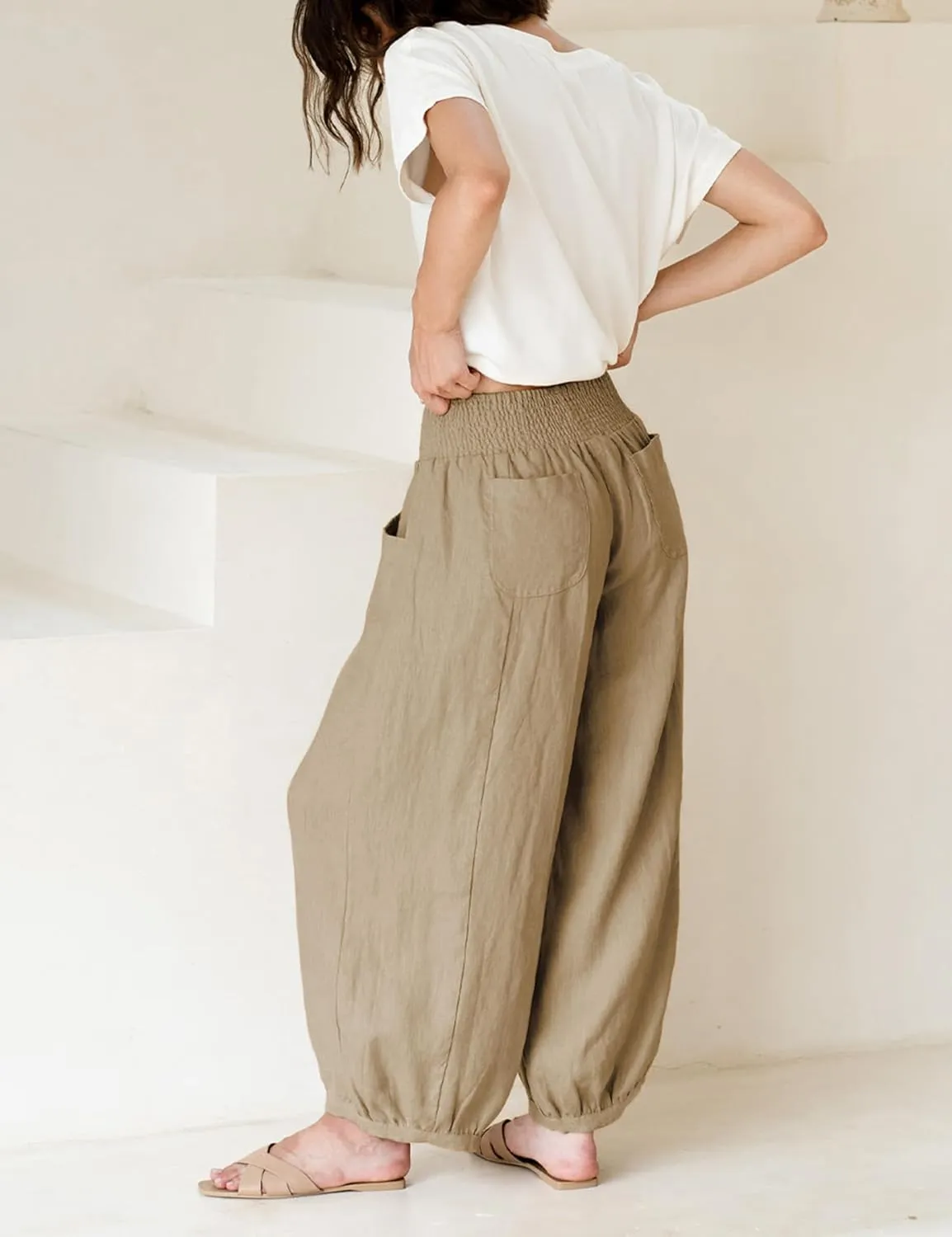 Hooever Women's Cotton Linen Pants Summer High Waisted Wide Leg Palazzo Pant Flowy Beach Trousers