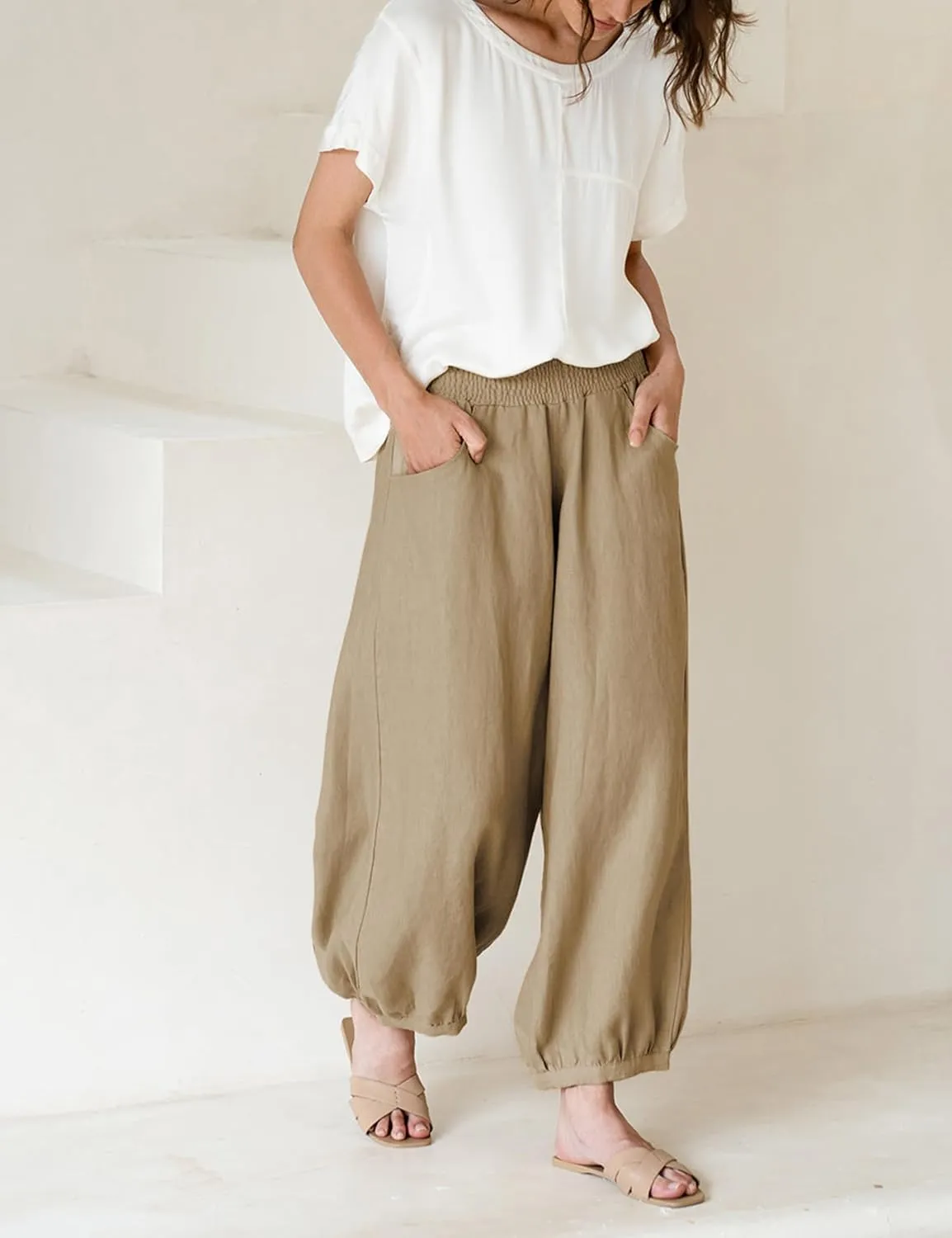 Hooever Women's Cotton Linen Pants Summer High Waisted Wide Leg Palazzo Pant Flowy Beach Trousers
