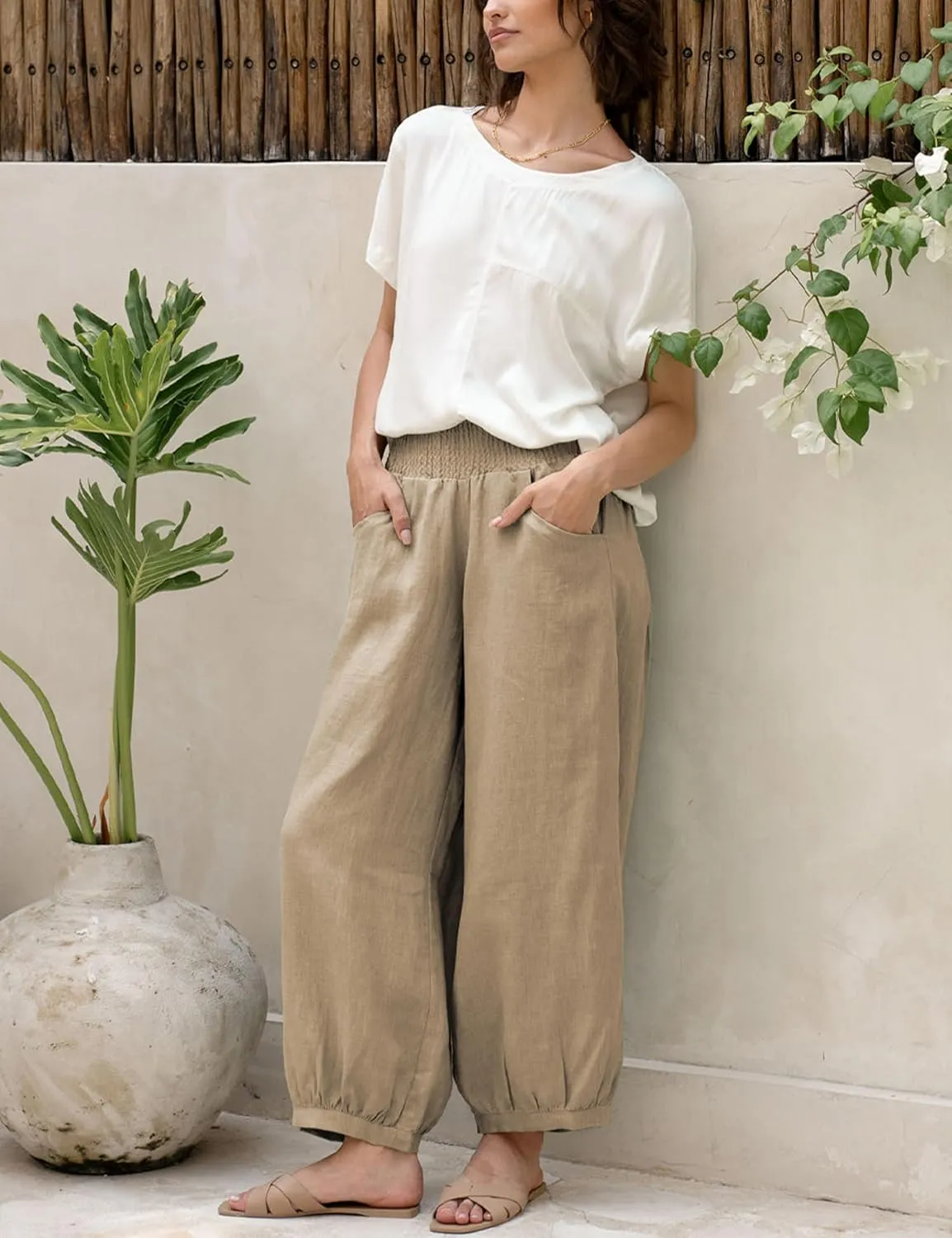 Hooever Women's Cotton Linen Pants Summer High Waisted Wide Leg Palazzo Pant Flowy Beach Trousers