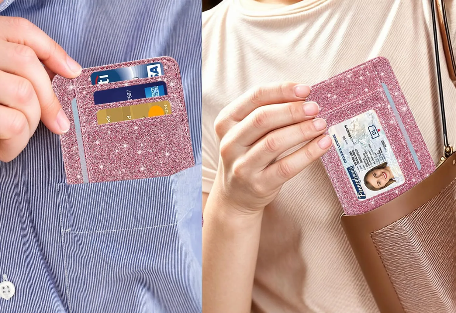 HOTCOOL Card Holder Wallet Front Pocket Minimalist Travel Cute Funny Thin Leather With RFID Blocking Small Credit Card Holder Wallet for Men & Women Girls Organizer Gifts, Glitter Pink