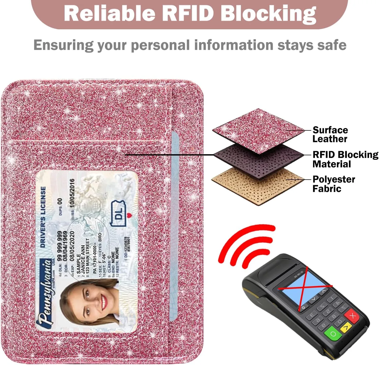 HOTCOOL Card Holder Wallet Front Pocket Minimalist Travel Cute Funny Thin Leather With RFID Blocking Small Credit Card Holder Wallet for Men & Women Girls Organizer Gifts, Glitter Pink