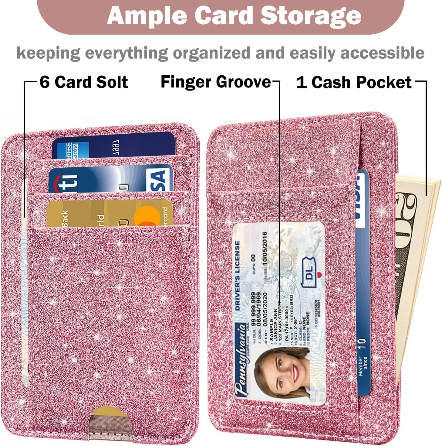 HOTCOOL Card Holder Wallet Front Pocket Minimalist Travel Cute Funny Thin Leather With RFID Blocking Small Credit Card Holder Wallet for Men & Women Girls Organizer Gifts, Glitter Pink
